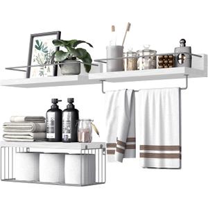 Bathroom Shelves Over Toilet for Wall, Floating Shelves with Storage Basket Paper Holer for Kitchen Living Room, Bedroom & Classroom, Set of 3 (White and Grey) (15.7")