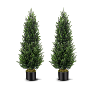 Artificial Topiary Cedar Trees 4FT Tall 2 Set, Outdoor Indoor Faux Pine Shrubs Plants, Realistic Fake Plants Front Porch Decor, Artificial Bushes Cypress for Home Front Door Offices