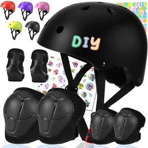Color Gradient Kids Bike Helmet and Pads Adjustable Helmet for Kids Protective Gear Set with Elbow Knee Pads Wrist Guards for Cycling Bicycle (Small: 20.1"-21.2"/51-54cm, Black-2)