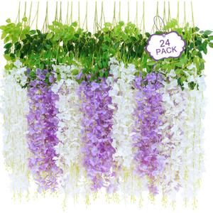 24Pcs Artificial Wisteria Hanging Flowers, 3.6Ft/Pcs White & Purple Fake Wisteria Garland for Wedding Party Home Garden Indoor Outdoor Decoration