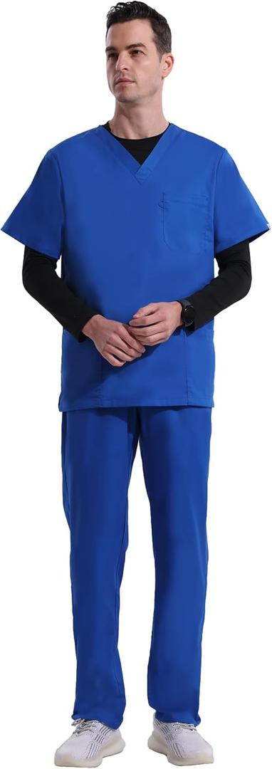 Uniforms World Elvis Scrubs Set for Men  Classic V-Neck Stretch Top & Straight Pants, Elastic Waistband, 7 Pockets (Large, Royal Blue)