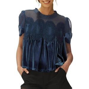 Gozoloma Women's Velvet Lace Blouse Casual Round Neck Short Sleeve Flared Swing Top Elegant Loose Intricate Back Design (X-Large, Mediumblue)