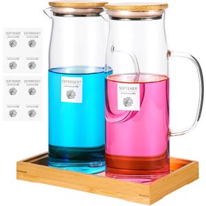 2 Pack Glass Laundry Detergent Dispenser with Tray & 8 Labels,50 Oz Laundry Soap Container for Laundry Room Organization Detergent Storage Containers for Powder & Liquid Detergent(Bamboo lid)