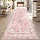 Washable Runner Rug 2'x8',Pink Rug Runners Non Slip,Long Boho Rugs for Hallways Kitchen Bathroom Bedroom Entryway,Vintage Bohemian Distressed Floor Carpet,Blush Floral Flowers