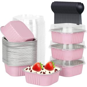 LNYZQUS 10oz Mini Cake Pans With Lids 40 Pack, Aluminum Foil Square Brownie Baking Cups,Disposable 4x4 Large Cupcake Pan,Jumbo Muffin Tin Ramekins Holders-Pink