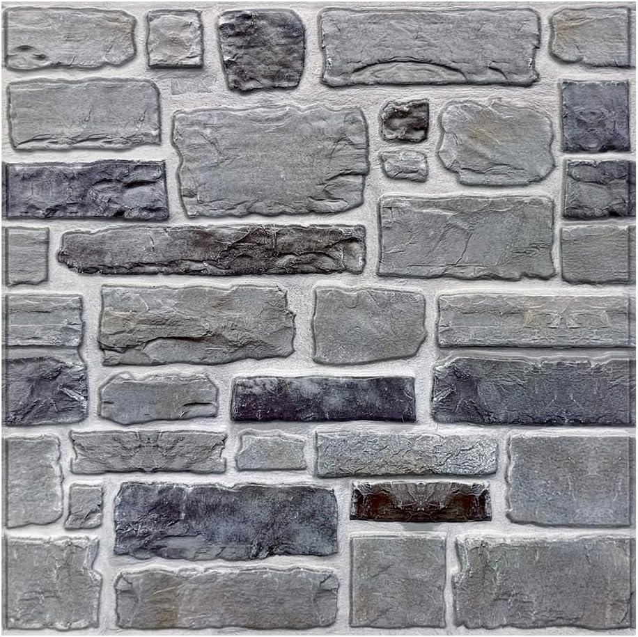 3D Gray Stone Wall Panel Peel and Stick,10 Pcs of 12"X12" Ultra-Light Thin PVC Fake Stone Adhesive Faux Brick Panels Backsplash Interior Wall Decor
