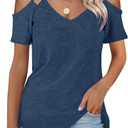 Minclouse Women's Summer Short Sleeves Tops Cold Shoulder V Neck Shirts Casual Strappy Tees (XX-Large, Blue)