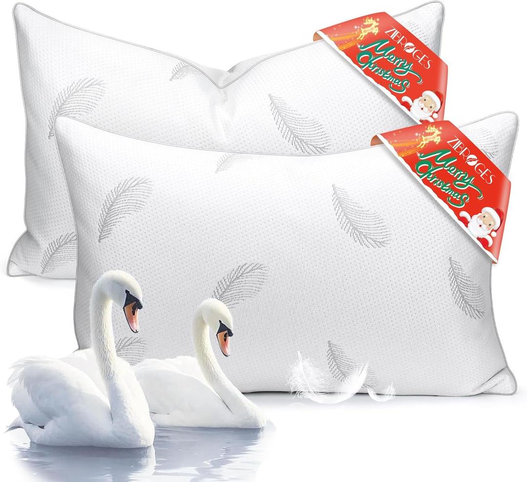 Goose Feather Pillows Bed Pillow - Hotel Down Pillows Queen Size Set of 2, Ultra Soft Bed Pillow for Sleeping, Fluffy Support Surround Fill Polyester for Back, Stomach, Side Sleepers