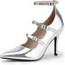 IDIFU IN4 Women's Pumps High Heels Dress Shoes for Women Closed Toe Strappy Heels Wedding Comfortable Dressy Formal Stiletto Ankle Strap Pointed Toe Three Strap Heels Pump Shoes (6.5)