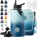 Insulated Water Bottle | Thickened Stainless Steel Vacuum Metal | Portable Sports Half Gallon Large Water Jug for Gym and Hiking with Straw, Carrier Bag, Handle Strap | BPA-Free 64 oz (Gradient Blue)