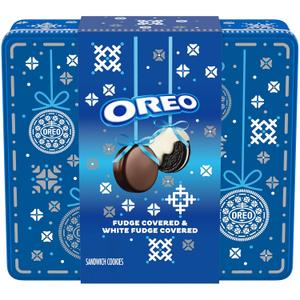 OREO Fudge and White Fudge Covered Chocolate Sandwich Cookies, Holiday Cookies, 1.02 lb Tin