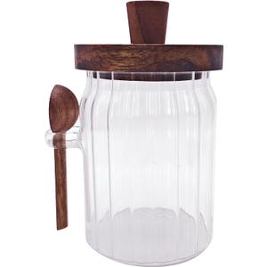 Coriario 20 OZ Glass Jar with Airtight Lid Spoon Ribbed Glass Candy Jars Wooden Handle Lids Wide Mouth Glass Coffee Storage Canister for Food Kitchen Sugar Cookie Tea Decorative