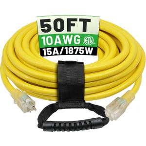 POWGRN 50 Ft 10AWG Outdoor Extension Cord Waterproof Heavy Duty 10 Gauge 3 Prong, Flexible Cold-Resistant Long Power Cord Outside with Lighted Indicator End, 15Amp 1875W SJTW Yellow ETL Listed