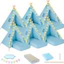 Teepee Tent, 6 Pack with Air Mattress (64"x28"), Sleeping Bag, Star Lights, Eye Mask, Banner, 6 Pompoms, Indoor Canopy Tent for Parties & Relaxation (Blue)