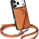 LUCKYCOIN Crossbody Wallet Phone Case for iPhone 17 Pro,100% Genuine Leather Wallet Phone Case with Expandable Flip Card Holder,Phone Purse for Women with Adjustable Removable Strap - Pebble Brown