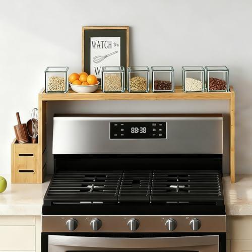BESLCEID 31-inch bamboo stove rack for above the hob, kitchen bamboo spice rack, supports up to 50 pounds. Bamboo stove rack for storing spices and kitchen utensils. (Wood colour)