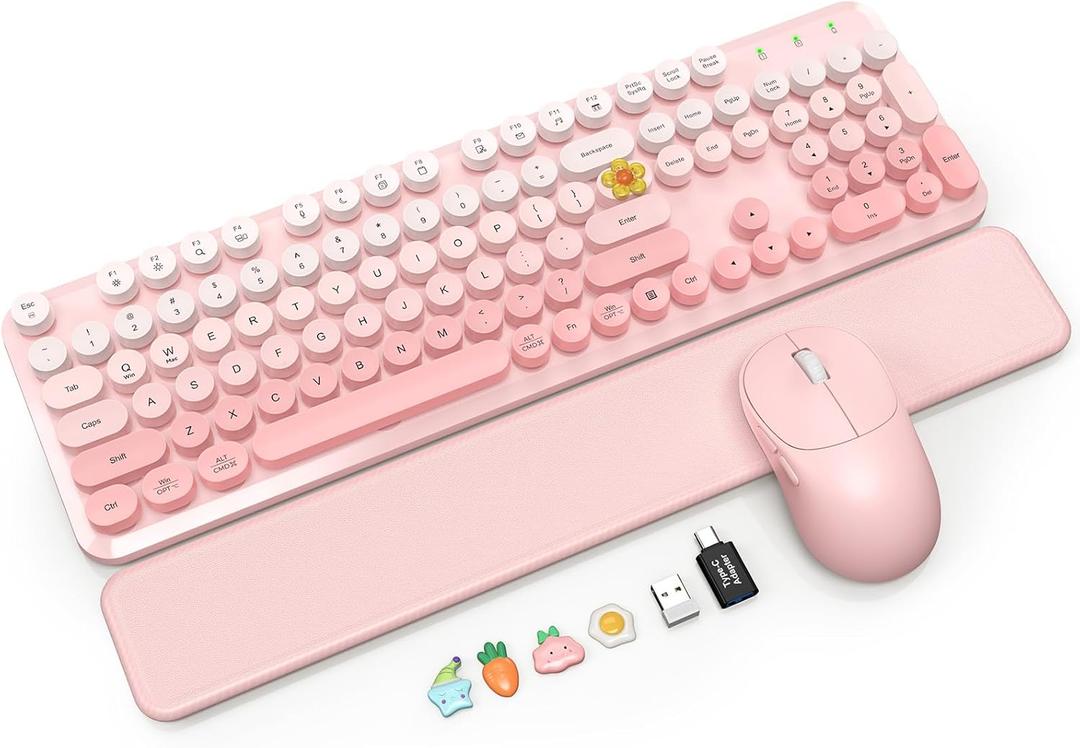 Wireless Keyboard and Mouse Combo, Magnetic Soft-Touch Wrist Rest, Round Keycaps, Full-Size Retro Typewriter Keyboard, 2-Stage Tilt Legs, Auto Sleep, 2.4GHz Cordless for Windows PC, Blush Pink Ombre
