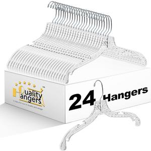 Quality Hangers 24 Pack Clear Plastic Hangers with Super Easy 360 Degree Swivel Hook  Shirt Hangers with Precision Notches for Secure Hanging  Slim Crystal Coat Hangers  17 Inches (24, 17")