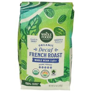 Whole Foods Market, Organic Decaf Whole Bean Coffee, Dark French Roast, Smoky & Sweet, Smooth & Balanced, 12 Ounce (EXP 07/21/26)