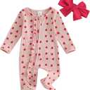 Ayalinggo Valentines Baby Girl Outfit Bowknot Heart Footie Romper Long Sleeve Onesie Newborn Christmas Easter Clothes (3-6 Months)
