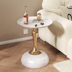 Small White Round Side Table with Gold Pedestal Base - Modern Chic Accent End Table for Living Room, Bedroom & Office Spaces