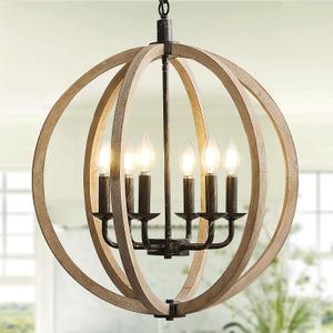 Orb 6-Light Farmhouse Chandelier Brown Globe Handmade Wood Light Fixture for Dining Room, Living Room, Bedroom, Kitchen Island, Foyer, 20” Dia, 20 inches x 24 inches
