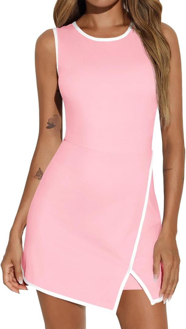 Fisoew Women's Workout Tennis Dress with Built-in Bra & Shorts Pockets Sleeveless Crewneck Golf Athletic Mini Dresses (Large, Pink)
