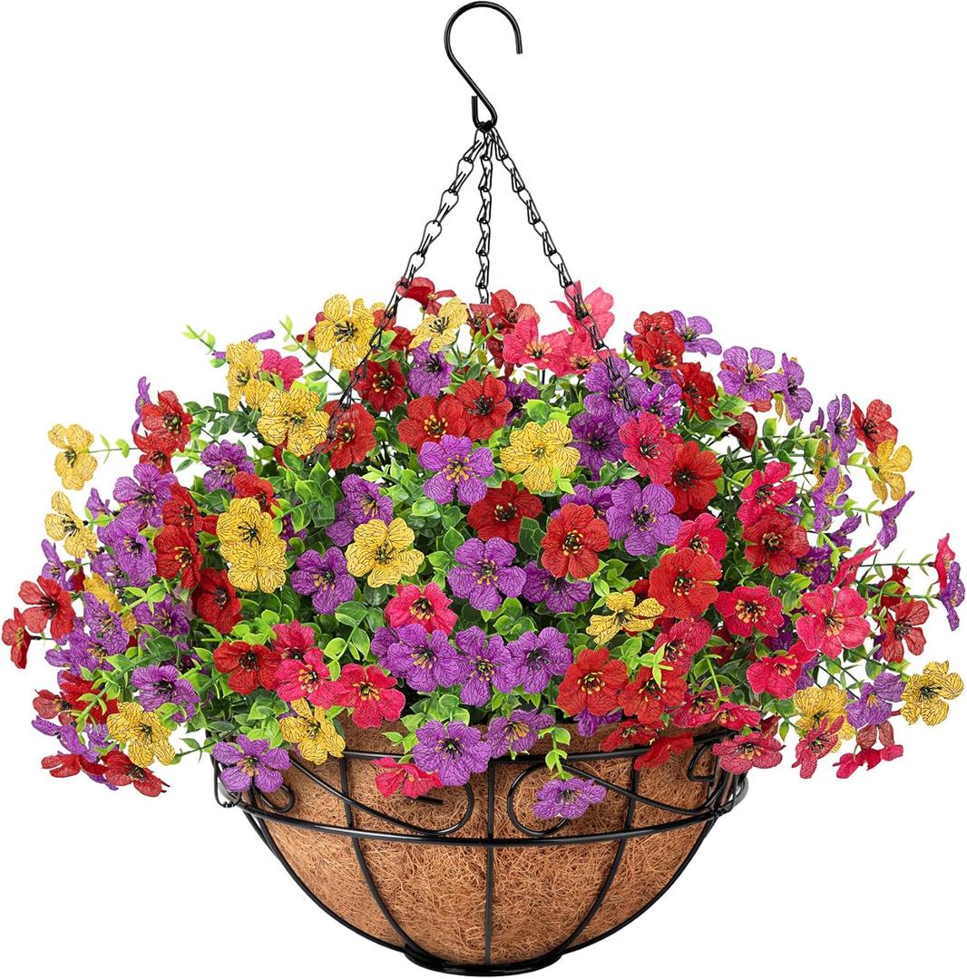 Artificial Fake Hanging Flowers Plants Basket Outdoors, Faux Silk UV Resistant Look Real Daisy Eucalyptus for Spring Summer Garden Porch Home Patio Balcony Yard Decorations, Multicolor