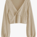 ZAFUL Women's Pullover Ribbed Cropped Knitwear Drawstring Ruched Knitted Crop Top Solid V-Neck Long Sleeve T-Shirt Size S