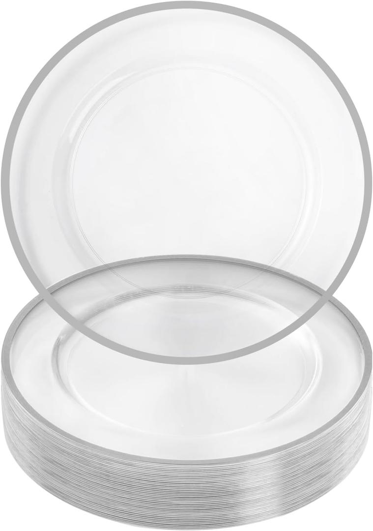 Goodluck 12 Inch Silver Charger Plates, 25 Pack Clear With Silver Trim, Disposable Plastic for Dinner, Wedding, Party