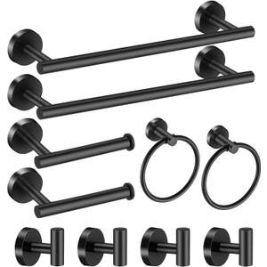Bathroom Hardware Set Matte Black, 10 Pieces Bathroom Accessories Set Includes Includes 2 Packs 24 Inch Towel Bar, Towel Ring, Toilet Holder and 4 Packs Towel Hooks