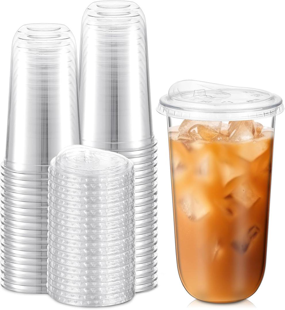 LemonRoad 50 Sets Plastic Cups with Strawless Sip Lids, Thickened Round Bottom PET Disposable Clear Cups for Iced Coffee Smoothie Cold Beverage Coffee Shops and Party Catering (Clear,20 oz)