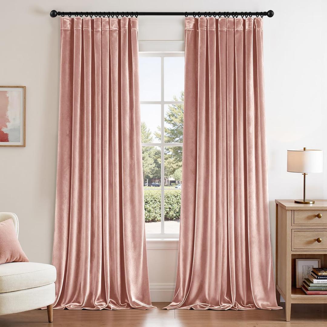 ANRODUO Light Pink Velvet Curtains 96 Inches Long Blackout Thermal Insulated Soundproof Curtain Privacy Room Darkening Curtains Pinch Pleat Window Drapes for Bedroom Living Room, 42 x 96 Inch, Set of 2