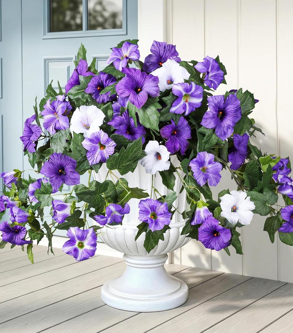 HyeFlora Artificial Flowers for Outdoors 2PCS Faux Petunias Silk Fake Flowers for Outside Planter UV Resistant Realistic Home Garden Porch Decor (Purple)