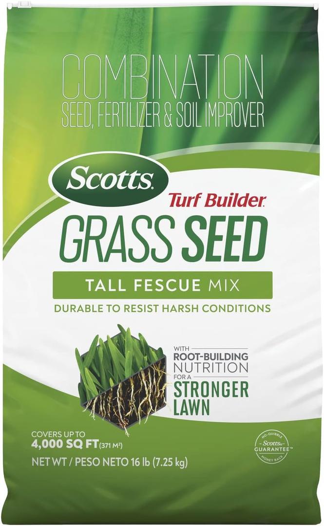 Scotts Turf Builder Grass Seed Tall Fescue Mix - Durable to Resist Harsh Conditions, Lawn Seed, Grass Fertilizer & Soil Improver, Covers up to 4,000 sq. ft., 16 lb. (EXP 12/31/38)