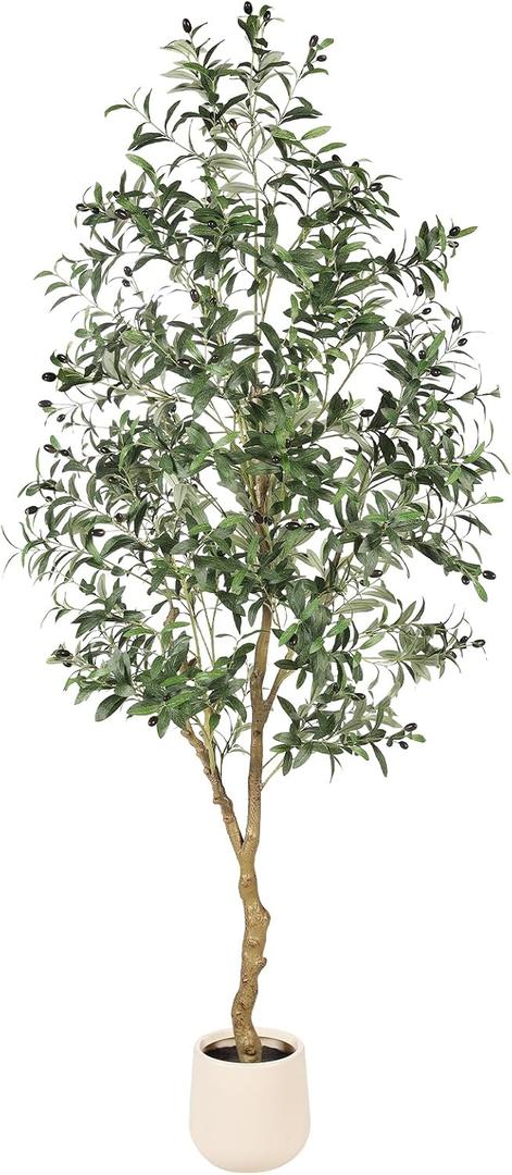 FEELEAD 7ft Olive Trees Artificial Indoor - Tall Faux Olive Tree 7 feet (84") with Pot, Fake Plants Natural Olive Branches and Realistic Leaves Olive Silk Tree for Home Office Decor