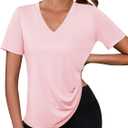 Kistore Workout Tops for Women Breathable V Neck Yoga T Shirts Trending Beach Casual Loose Fit Tee Running (Pink, L)