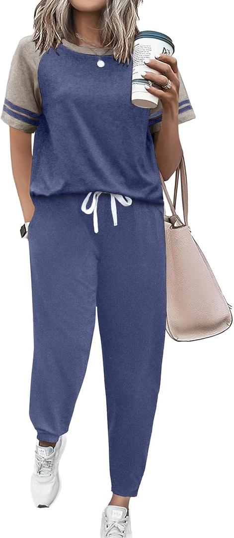 Ekouaer Lounge Sets for Women Two Piece Pajama Set Short Sleeve Crewneck Jogger Outfits and Sweatpants Tracksuit with Pockets (Medium, Navy Army)