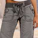 Flamingals Straight Leg Pants for Women Drawstring Waist Mid Rise Casual Solid Seam Detail Pants Gray M