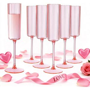 Ciaell 24 Pack Pink Plastic Champagne Flutes - 6oz Ribbed Disposable Champagne Glasses - Pink Vintage Mimosa Glasses with Long Stem, Elegant & Lightweight for Weddings and Party