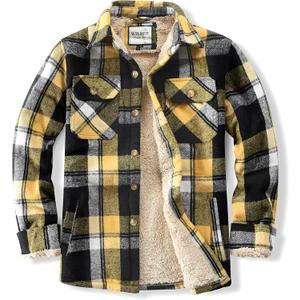Men's Cotton Sherpa Lined Button Down Flannel Shirt Jacket Plaid Soft Outdoor Flannel Jacket Shirt (Large, Yellow)