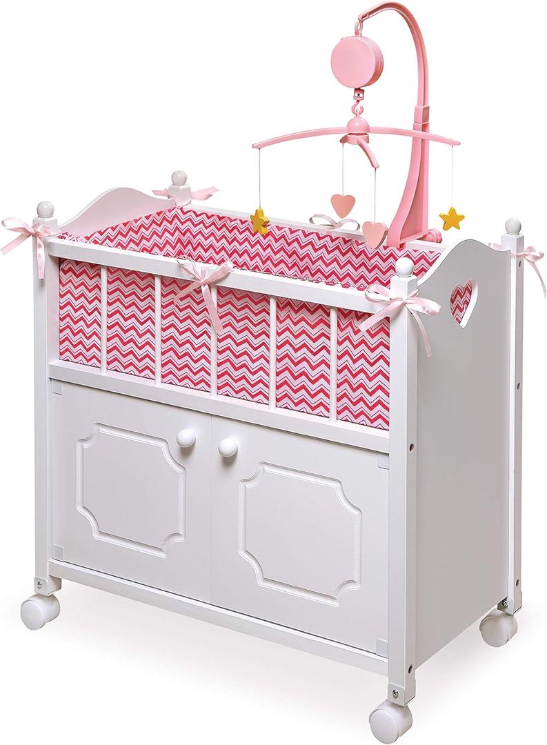 Badger Basket Wooden Toy Doll Bed with Storage, Mobile, and Bedding - Includes Wheels and Free Personalization Kit to Pretend and Play - White with Pink Chevron Fabric