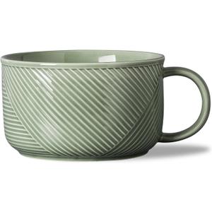 Ceramic Soup Bowl with Handle: 38 oz Microwave Safe Extra Large Mug for Oatmeal, Cereal, Breakfast, Meal Prep, Work Lunch, Dorm Living, Single Serve Dinner - 6 Inch, Pea Green