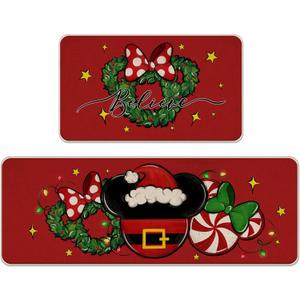 Tailus Christmas Believe Santa Red Kitchen Rugs Set of 2, Xmas Wreath Peppermint Candy Kitchen Mats Decor, Winter Holiday Floor Door Mat Home Decorations -17x29 and 17x47 Inch