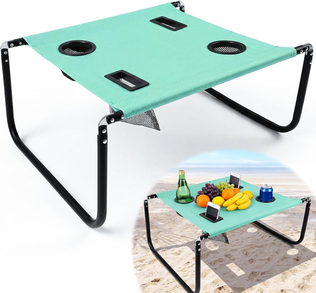 Portable Beach Table Foldable Camping Picnic Table with Cup Holder and Phone Pockets Lightweight Stable for Tailgate Travel Fishing Hiking and Outdoor Adventures(Green,Solid Pattern)