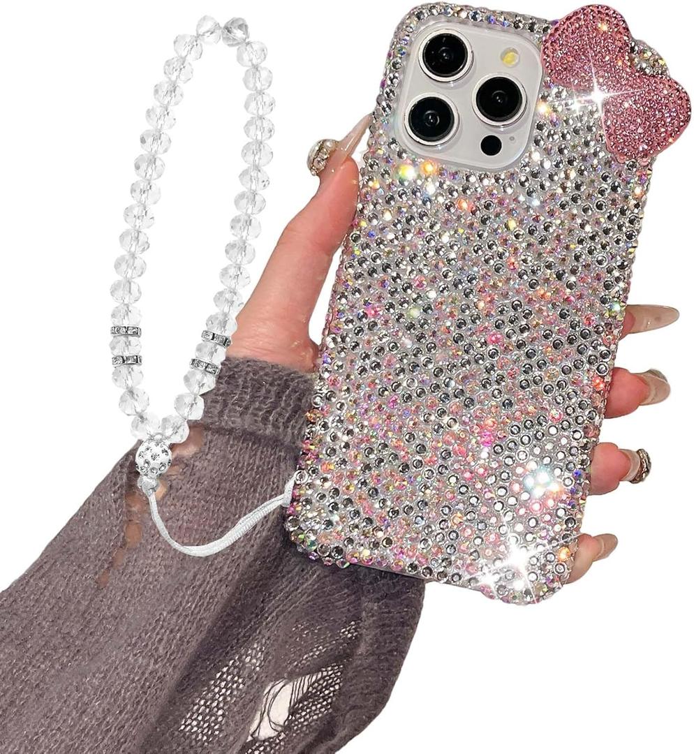 Compatible for iPhone 14 Pro Max Case with Lanyard Wrist Strap,Luxury 3D Glitter Sparkle Bling Rhinestone Case Crystal Diamond Cute Bow Pink Protective Phone Case for Women (White)