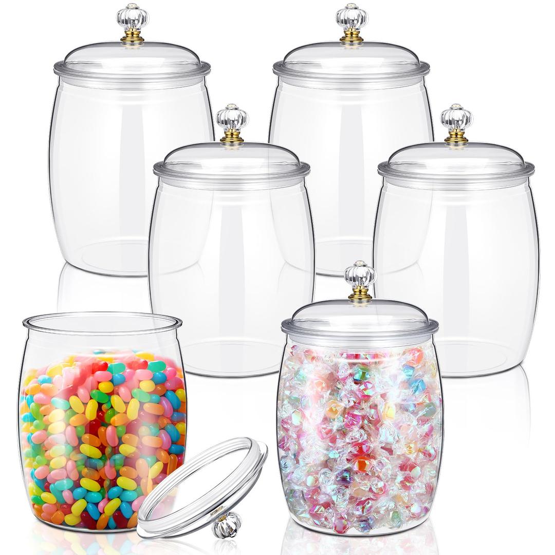 Nuogo 6 Pcs Plastic Candy and Cookie Jar with Lids Decorative Apothecary Jars Candy Buffet Containers Clear Airtight Food Storage Canister Home Decoration(30/42/64 oz,Classic, Stylish)