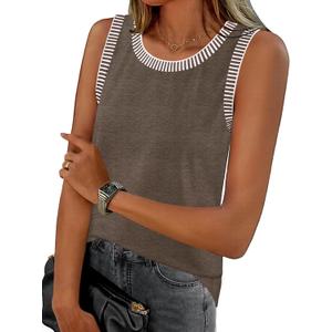 MEROKEETY Womens Tank Tops 2026 Summer Casual Sleeveless Crew Neck Basic T Shirts Beach Striped Color Block Clothes, Large