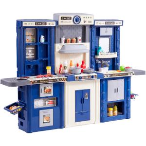 VEVOR Kids Kitchen Playset, 3-in-1 Toddler Kitchen with Simulated Spray, Sounds and Lights, Play Kitchen Set with 74 PCS Cooking Accessory Set for Toddlers, Preschoolers, Children Ages 3-8, Blue