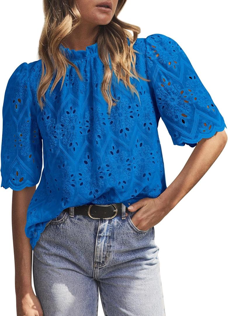 PRETTYGARDEN Womens Summer Tops 2025 Trendy Short Sleeve Eyelet Embroidered Dressy Casual Blouse Shirts (Small, Brilliant Blue)